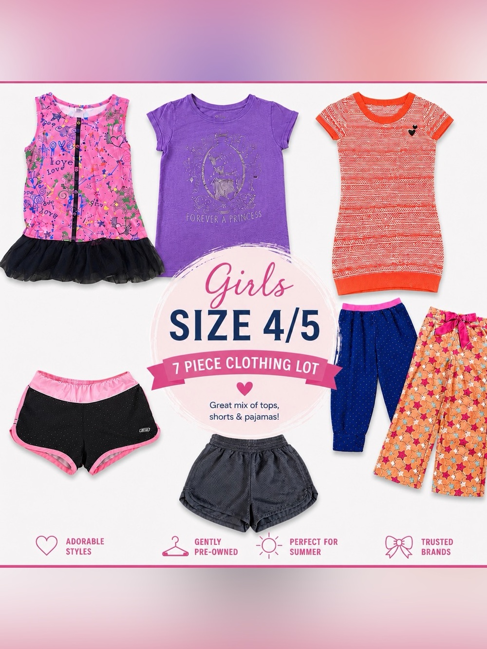 Girls Size 4/5 Clothing Bundle Lot 7 Pieces Disney, Champion